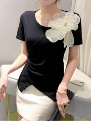 High Quality Pleated Cross Slash Neck Short Sleeve T-shirts