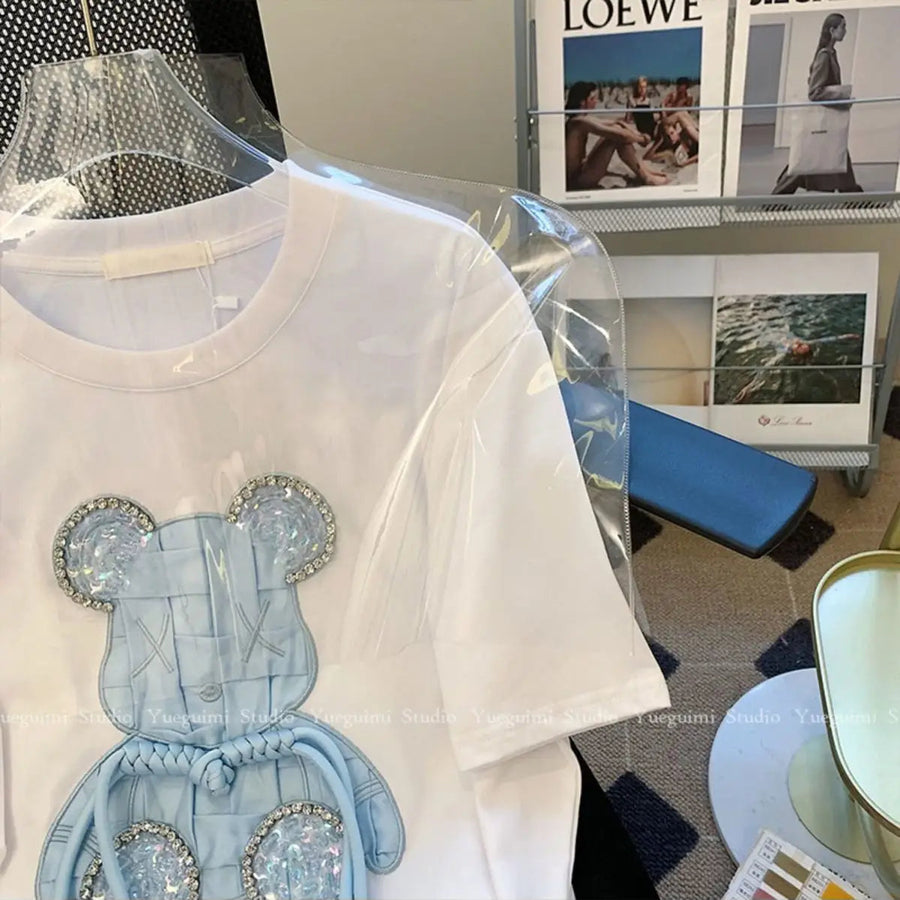 High Quality Cotton Short Sleeve Diamond Bear Embroidery Luxury T-shirts