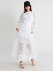 Vintage dresses round neck, flare sleeve, high waist, hollow out patchwork, high quality embroidery