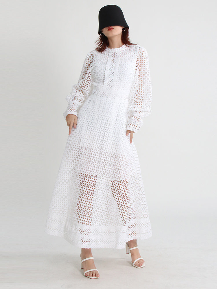 Vintage dresses round neck, flare sleeve, high waist, hollow out patchwork, high quality embroidery