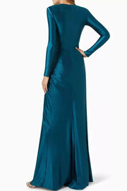 Women's Solid Color Pleated Split Front Tied Waist Bodycon Long Sleeves Deep V Neck Maxi Party Dresses