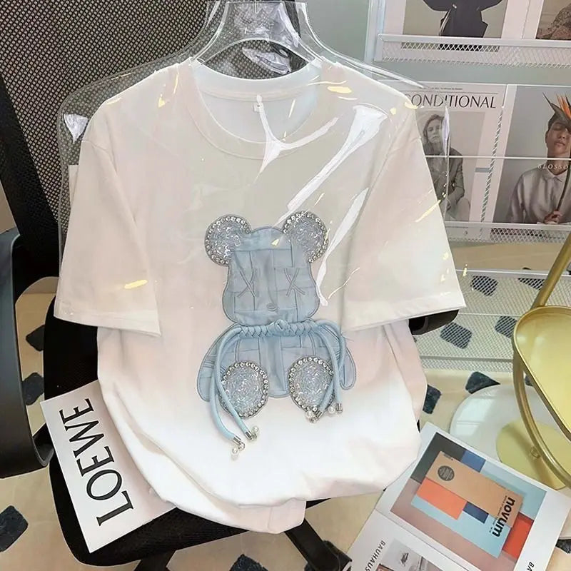 High Quality Cotton Short Sleeve Diamond Bear Embroidery Luxury T-shirts