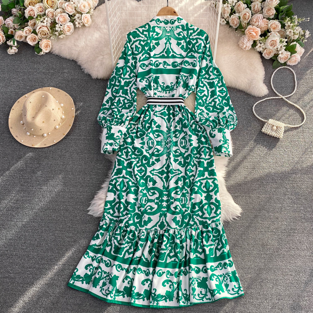 Bohemian Geometric Flower Print Stand Collar Lantern Sleeve Lace Up High Quality Maxi Dress