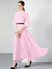 High Quality Printed Round Neck Lace Up Belt Maxi Pleated Long Dress