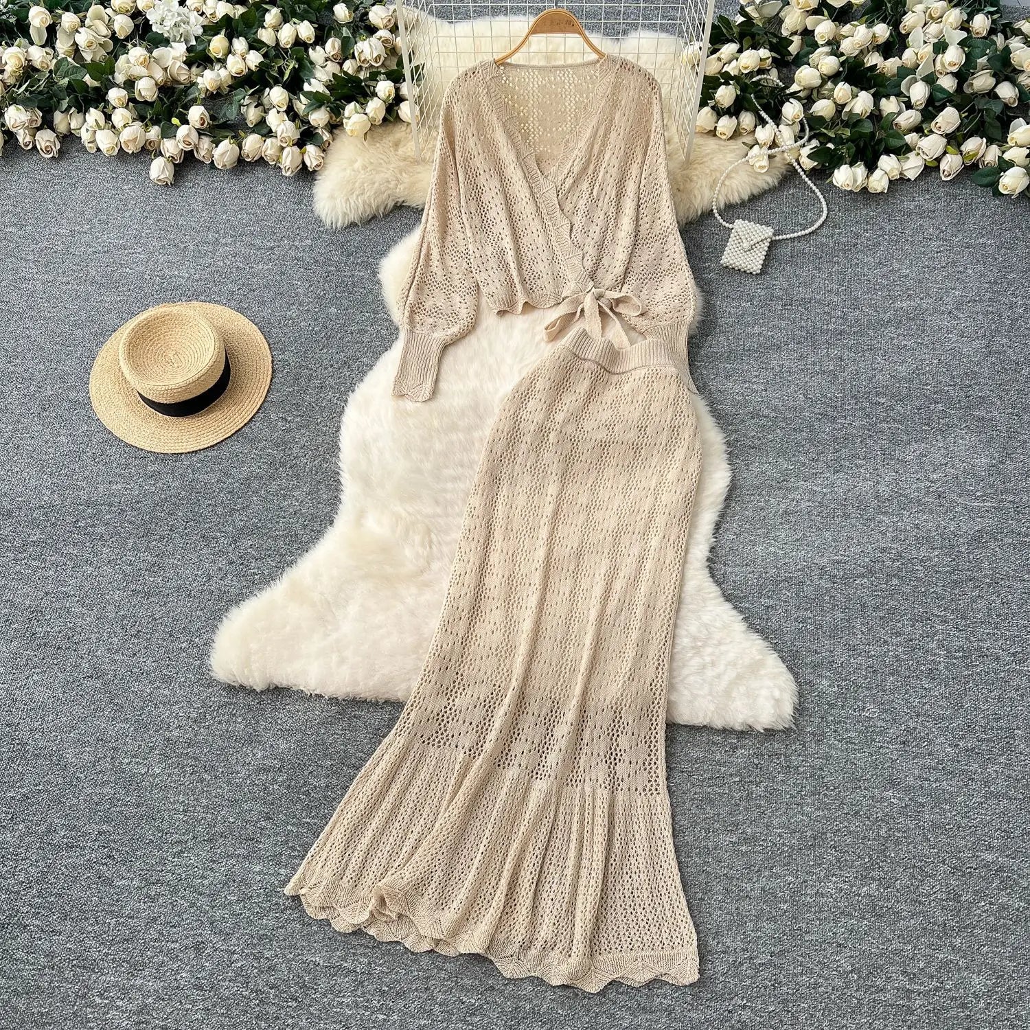 Two Piece Sets Women Skirt Set Full Sleeve Tops Long Skirts A Line High Waist  Streetwear Hollow Out Knit Work Autumn