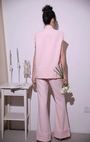 Sweet Pink Lace Collar Women Vest Sets Loose Fit Multi Pocket Sleeveless Jacket Two-Piece Set Full Length Wide Leg Pant Outfits