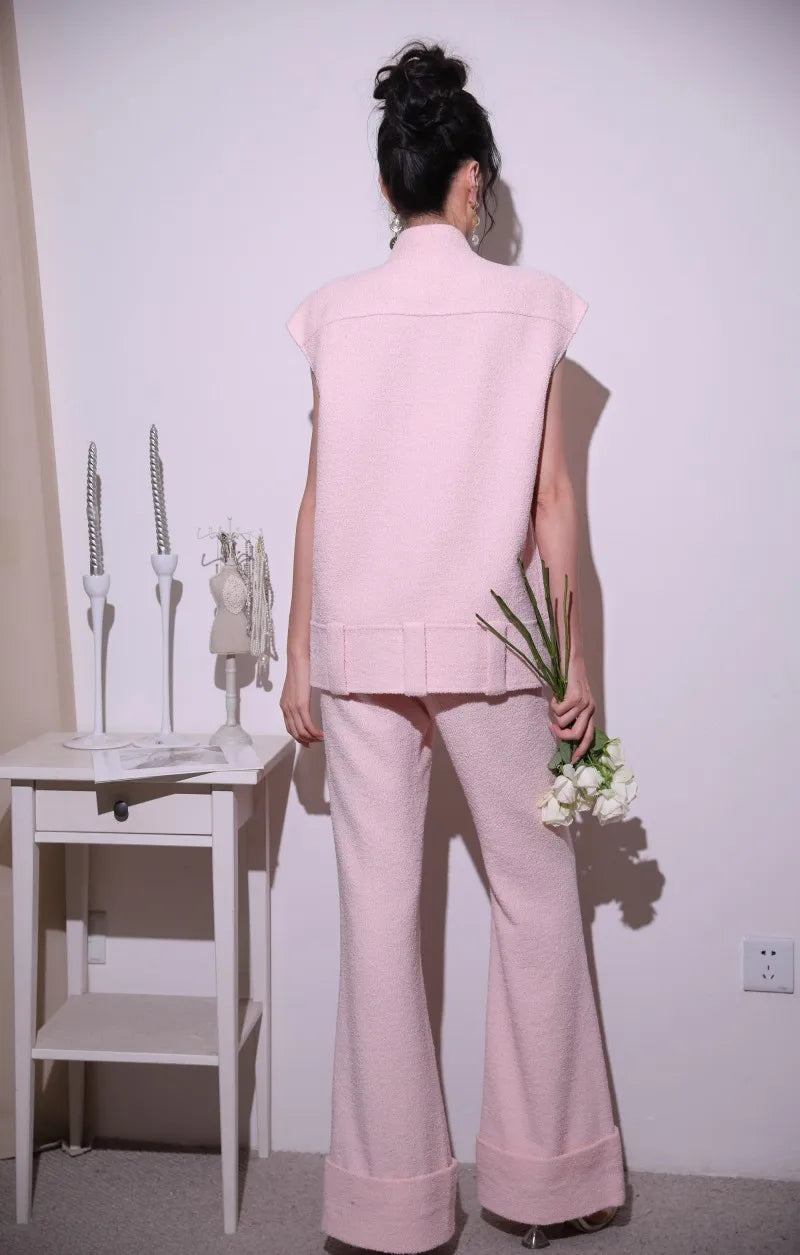Sweet Pink Lace Collar Women Vest Sets Loose Fit Multi Pocket Sleeveless Jacket Two-Piece Set Full Length Wide Leg Pant Outfits