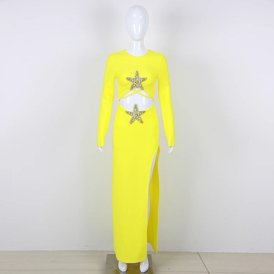 New Women's Luxury Beaded Starfish Diamond Sexy Long Sleeve Short Top High Waisted Split Skirt 2-Piece Nightclub Party Set