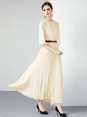 High Quality Printed Round Neck Lace Up Belt Maxi Pleated Long Dress