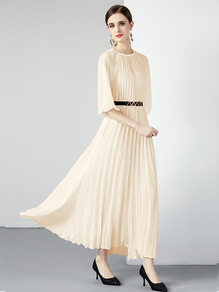 High Quality Printed Round Neck Lace Up Belt Maxi Pleated Long Dress