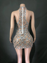 Sheer tight fit short dress with shiny pink sequins and diamonds