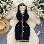 French V-neck, halterneck, backless short dress with fitted belt with high quality beads and sequins
