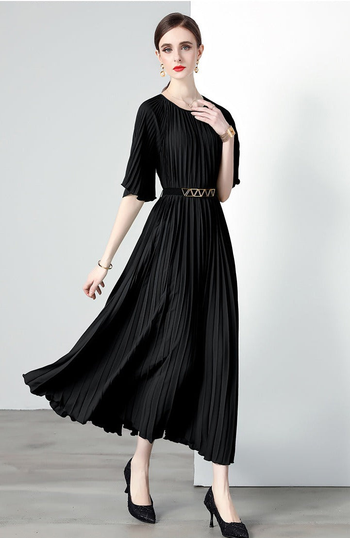 High Quality Printed Round Neck Lace Up Belt Maxi Pleated Long Dress