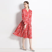 High Quality Vintage Floral Print Cross V Neck Long Sleeve Pleated Midi Dress