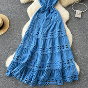 Sexy Hollow Out Embroidery Round Neck Sleeveless Bandage Long Dresses High Quality
