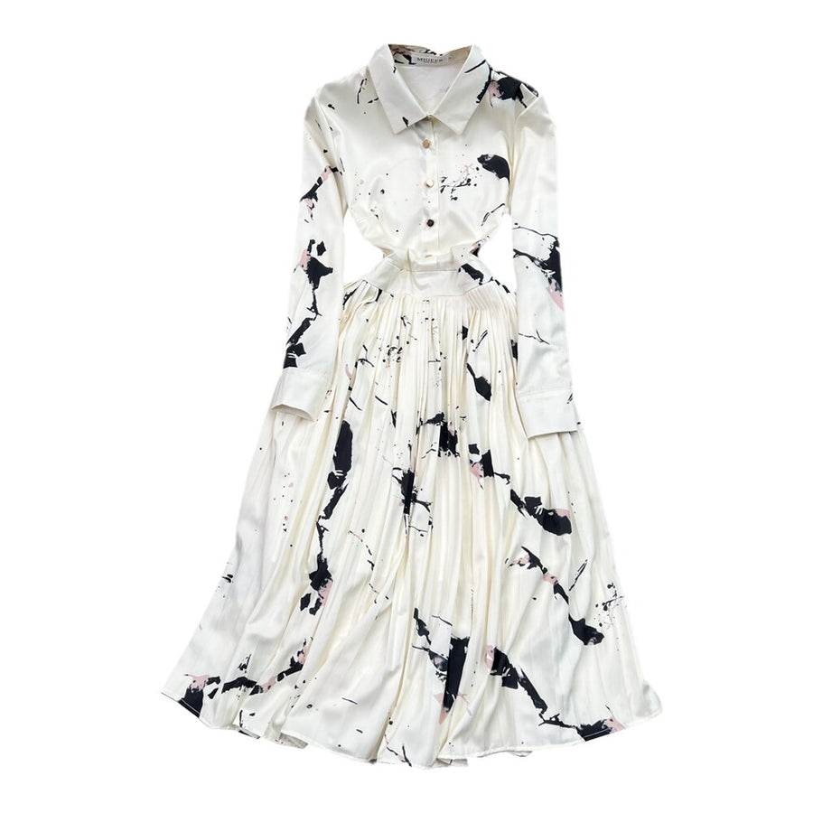 High Quality Satin Ink Print Polo Neck Long Sleeve A-Line Shirt Dress