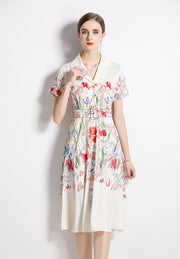 High Quality Belted Floral Print Short Sleeve Notched Neck Short Sleeve Vintage Flower Shirt Dress