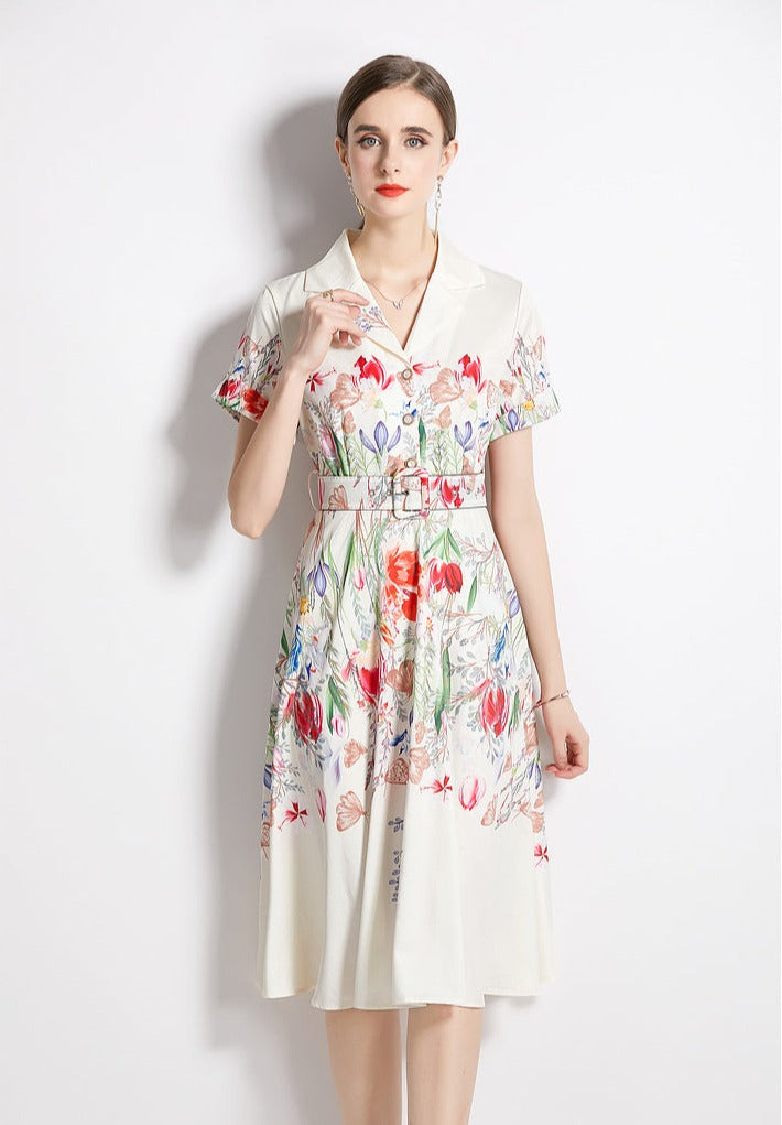 High Quality Belted Floral Print Short Sleeve Notched Neck Short Sleeve Vintage Flower Shirt Dress