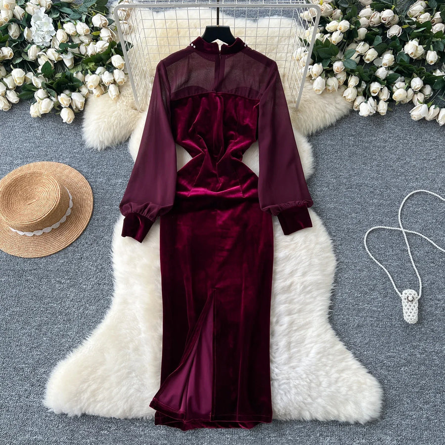 Elegant Velvet Stand Collar Vintage Diamonds Split Bodycon Mesh Dresses High Quality