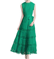 Sexy Hollow Out Embroidery Round Neck Sleeveless Bandage Long Dresses High Quality