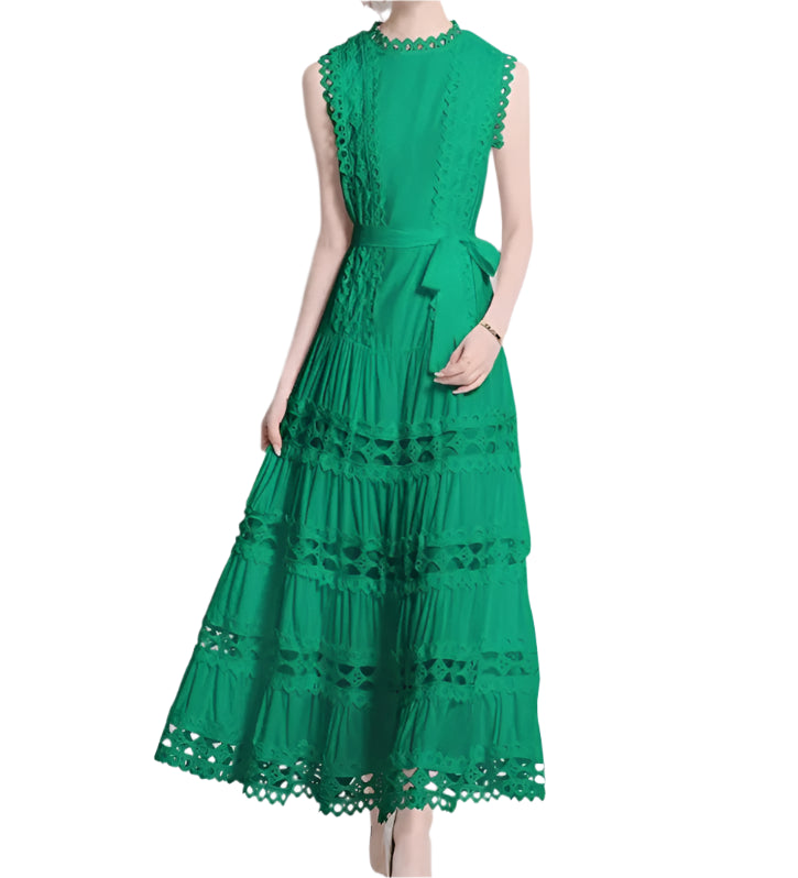 Sexy Hollow Out Embroidery Round Neck Sleeveless Bandage Long Dresses High Quality