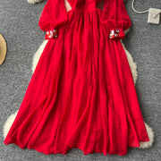 HIGH QUALITY Summer Retro Print Round Neck Flare Sleeve Elegant Pleated Dress