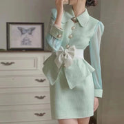 Dress Sets Women  Vintage Beading V-neck Jacket + Skirts Female Woolen Blend Evening Luxury 2 Piece Set