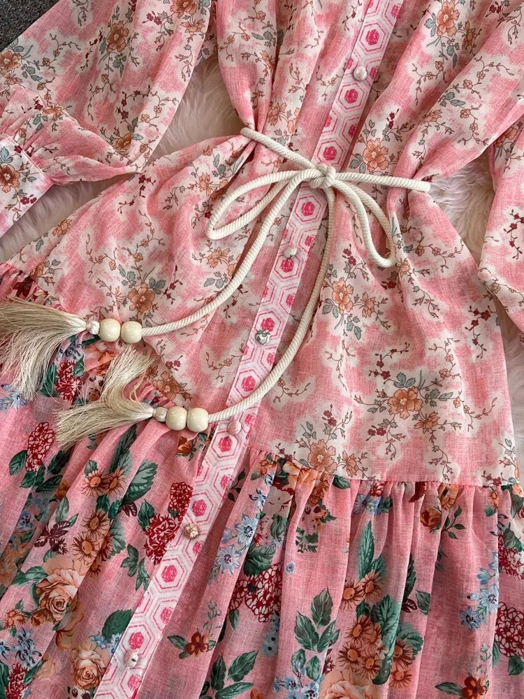 High Neck Long Flare Sleeve Belted High Quality Flower Dress