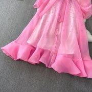 Fashion Temperament Bandage Slim Waist Dress Fairy Gauze Ruffled Long Robe Turn-down Collar Single Breasted Diamonds Vestidos