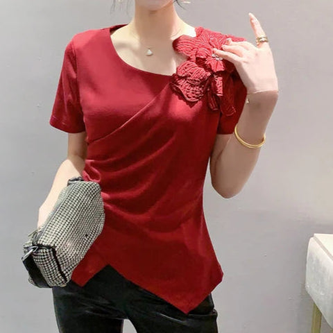 High Quality Pleated Cross Slash Neck Short Sleeve T-shirts