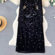 High Quality Long Sleeve V Neck Thick Velvet Diamond Embellished Dress