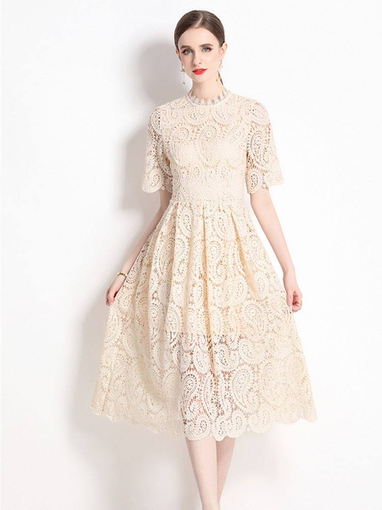 High Quality Hollow Out Short Sleeve Vintage Solid Midi Length Embroidery Lace Elegant Dresses