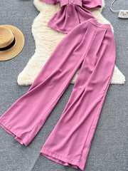 Royal style two-piece set, off-shoulder with high-quality wide-leg pants