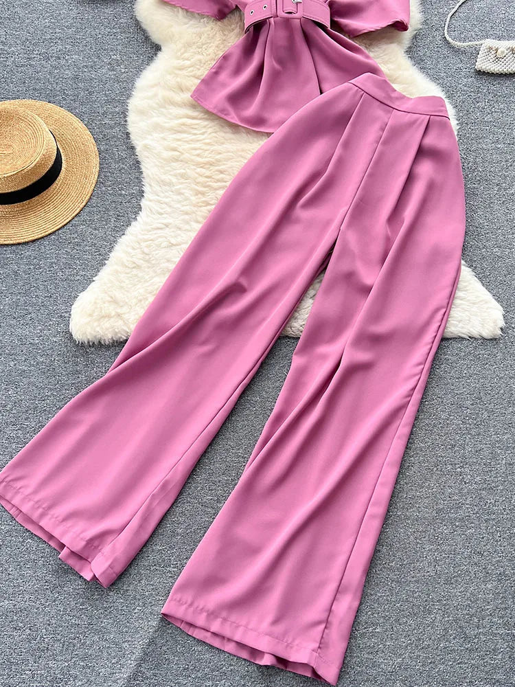 Royal style two-piece set, off-shoulder with high-quality wide-leg pants