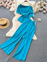 Royal style two-piece set, off-shoulder with high-quality wide-leg pants