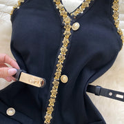 French V-neck, halterneck, backless short dress with fitted belt with high quality beads and sequins