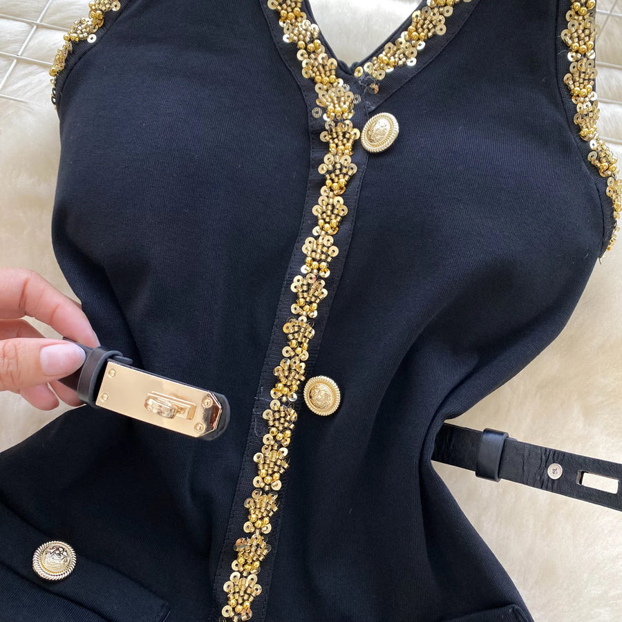 French V-neck, halterneck, backless short dress with fitted belt with high quality beads and sequins