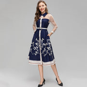 High Quality Turn-down Collar Perspective Long Sleeve Button Slit Midi Vintage Print Dress