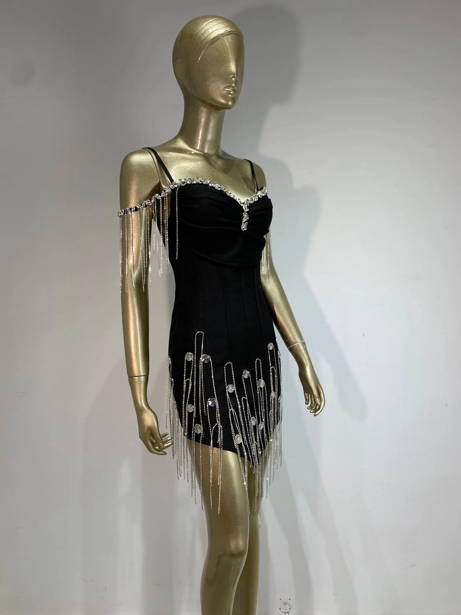 High Quality Elegant Fabric Black White Crystal Beading Sexy Bodycon Mini Dress