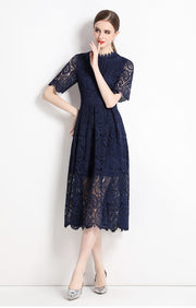 High Quality Hollow Out Short Sleeve Vintage Solid Midi Length Embroidery Lace Elegant Dresses