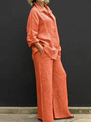 Casual Two Piece Set Cotton Linen Long Sleeve Shirt+Straight Pants