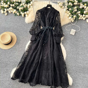 Luxury Embroidery Formal Dresses Women Summer Autumn Lantern Long Sleeve Lace Vestidos Pearl Prom Evening Birthday Dress Party