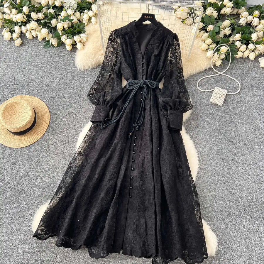 Luxury Embroidery Formal Dresses Women Summer Autumn Lantern Long Sleeve Lace Vestidos Pearl Prom Evening Birthday Dress Party