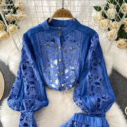 Summer Embroidery Maxi Dress Two Piece Set Women Blue Hollow Lace Long Sleeve Blouse Shirts 3pcs Sets Elastic Waist Skirts Suits