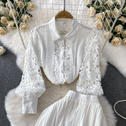 Skirt Sets Women Clothing Temperament Two Piece Set Patchwork Lace Blouses High Waist Hollow Out Long Skirts Suit Summer Outfits