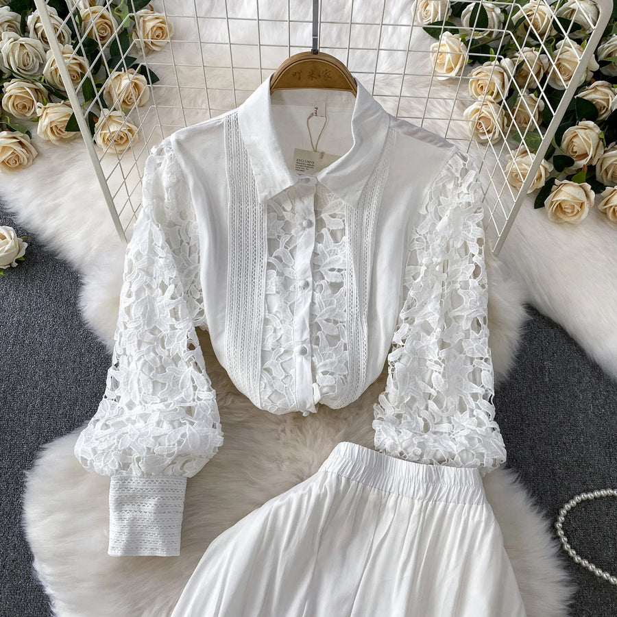 Skirt Sets Women Clothing Temperament Two Piece Set Patchwork Lace Blouses High Waist Hollow Out Long Skirts Suit Summer Outfits