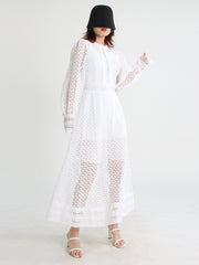 Vintage dresses round neck, flare sleeve, high waist, hollow out patchwork, high quality embroidery
