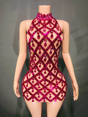 Sheer tight fit short dress with shiny pink sequins and diamonds