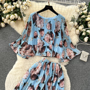 Autumn Women Draped Two Piece Set Bohemian Female Floral Pleated Short Blouse + High Waist Wide Leg Pants Chiffon Suit 2Pcs New