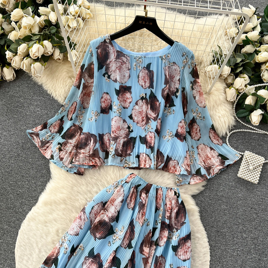 Autumn Women Draped Two Piece Set Bohemian Female Floral Pleated Short Blouse + High Waist Wide Leg Pants Chiffon Suit 2Pcs New